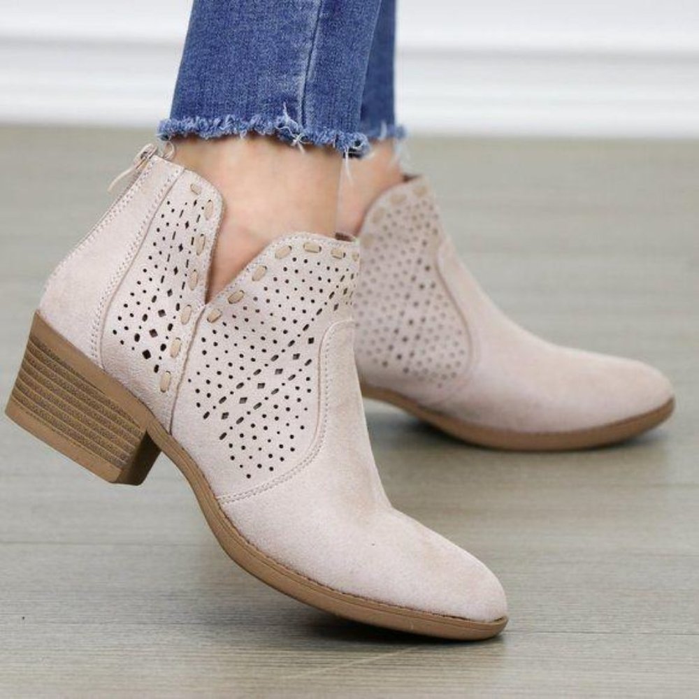 Dusty Rose Perforated Cut Suede Ankle Booties - Picture 5 of 7